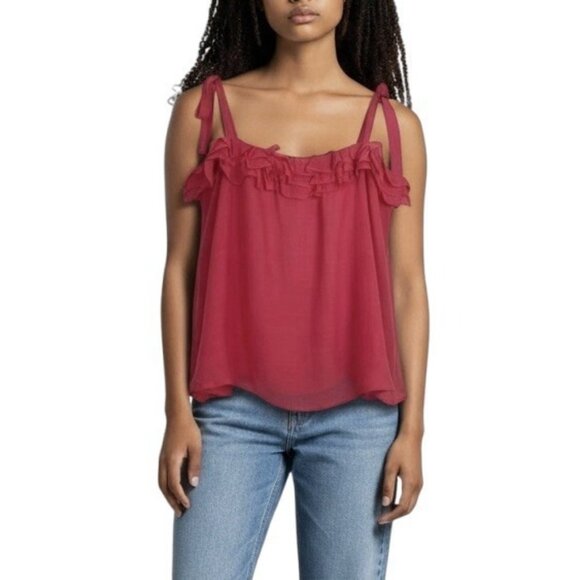 HYFVE Ruffle Tank Top Size Large Coral Berry Pink Crepe Woven Tie Strap Blouse - Picture 1 of 9